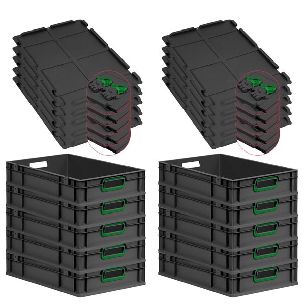 PROREGAL SuperSparSet 10x Eurobox NextGen Color mit Scharnierdeckel und Schiebeschnappverschlüssen, HxBxT 12x40x60cm, 23 Liter, Schwarz, Griffe grün offen, Eurobehälter, Transportbox, Transportbehälter, Stapelbehälter