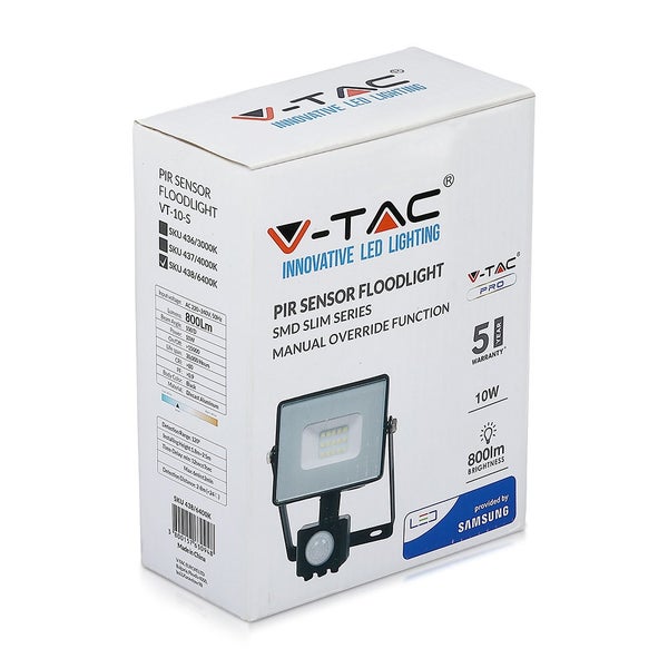 V-TAC VT-10-S-B - Drehbare LED-Flutlichtstrahler mit PIR-Sensor - Samsung - IP65 - Schwarz -
