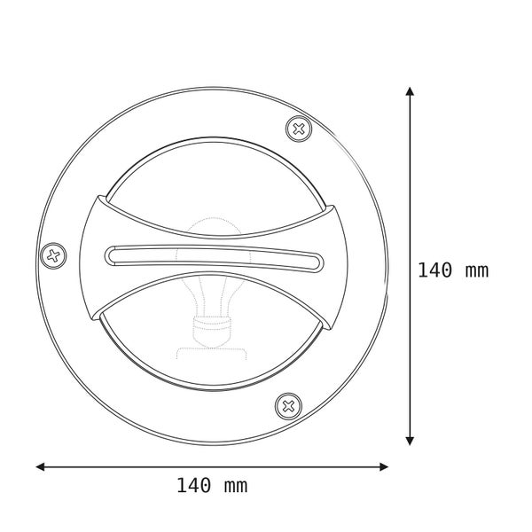 Technische Zeichnung einer runden Wandeinbauleuchte mit einem Durchmesser von 140 Millimetern