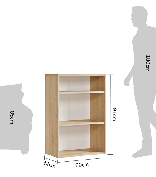 Bücherregal in Eichen-Optik mit drei Fächern, Maße 91 Zentimeter hoch, 60 Zentimeter breit und 34 Zentimeter tief, Größenvergleich mit Silhouette.