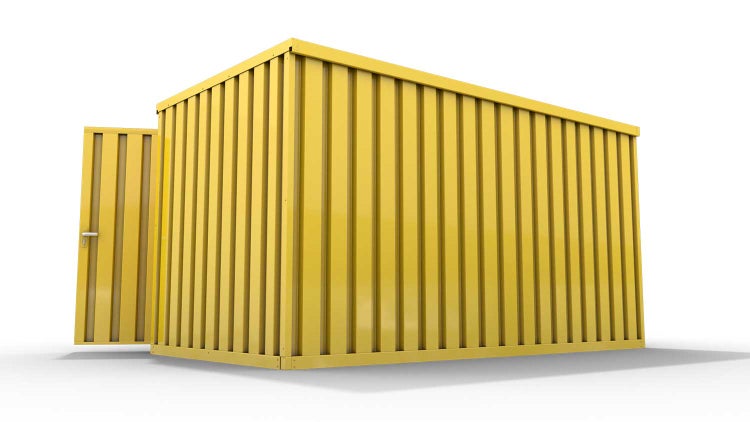Lagercontainer Gerätehaus XXL  – 12 qm, H2150 x B6080 x T2170 mm, Außenwandlackierung RAL 1003 signalgelb, Dach außen verzinkt, mit Holzfußboden, 2750 mm Doppelflügeltür mittig in Breitseite, montiert