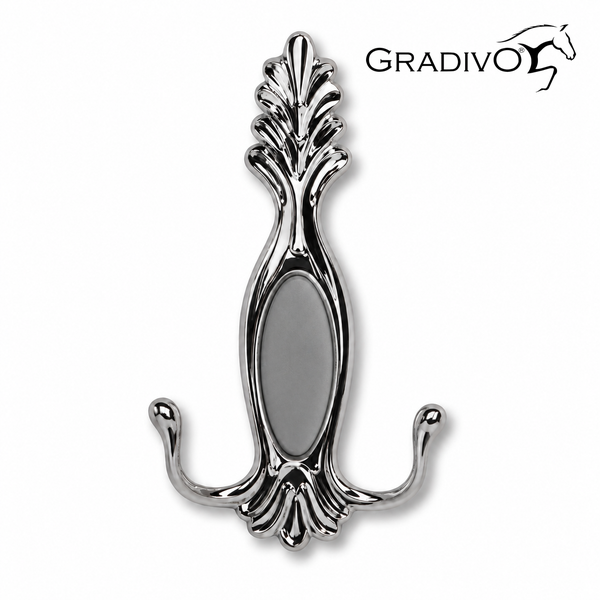 Verzierter Wandhaken aus Metall von Gradivo mit zwei Haken. Gradivo Logo.