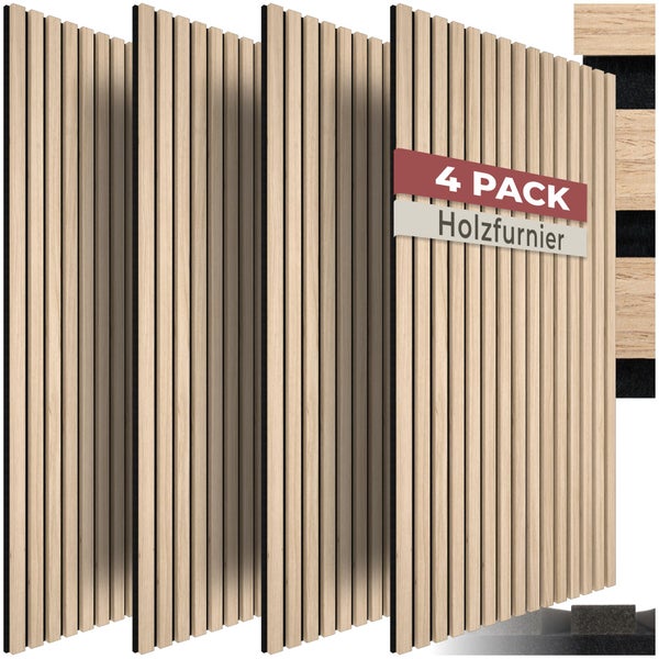 Viererpack Akustikpaneele aus Holzfurnier mit vertikalen Lamellen auf einer Trägerplatte.