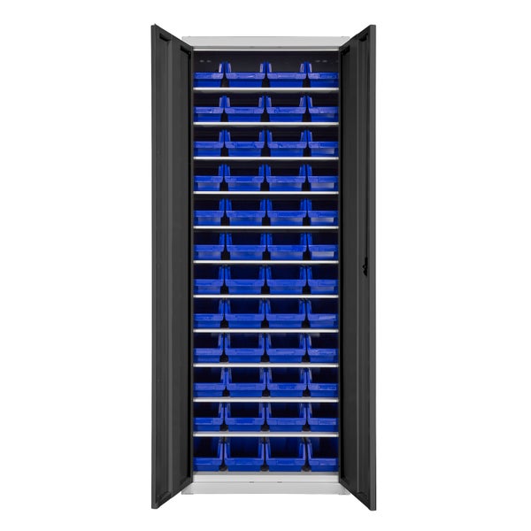 PROREGAL Flügeltürenschrank Owl mit 11 Fachböden + 48 Sichtlagerkästen | HxBxT 195x71x30cm | Lichtgrau/Anthrazitgrau | Spind, Kleinteillager