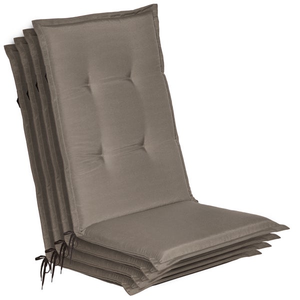 Set aus vier Hochlehner-Auflagen in Taupe mit Steppung und Haltebändern für Gartenstühle.