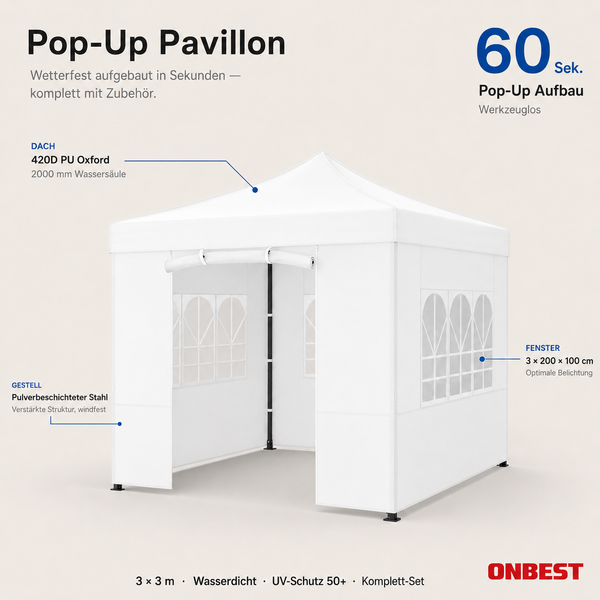 ONBEST Pop-up Pavillon 3 mal 3 Meter, wasserdicht, Ultraviolett-Schutz 50 plus, Seitenwände, Fenster und pulverbeschichtetes Stahlgestell.