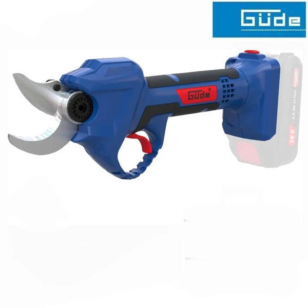 Güde Akku-Astschere in Blau und Schwarz mit 18 Volt Lithium-Ionen Akku und geschwungenen Metallklingen. Güde Logo.