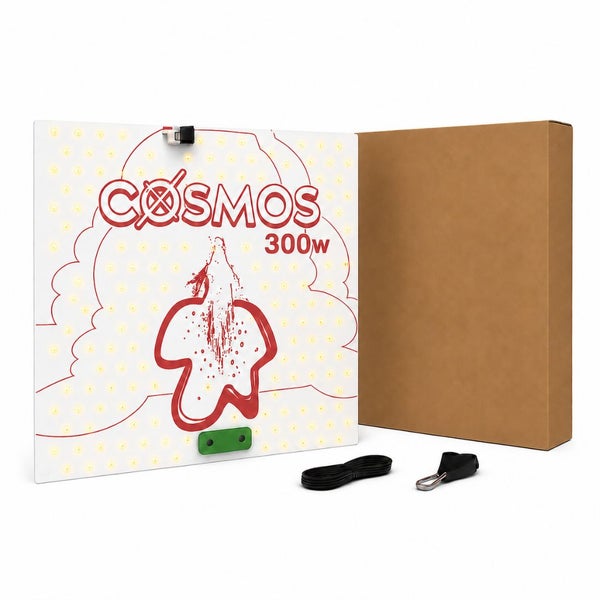 Cosmos 300 Watt LED-Pflanzenlampe inklusive Zubehör und Kartonverpackung.