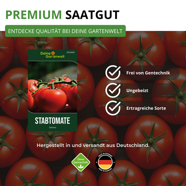 Premium Saatgut für Stabtomate Tamina von Deine Gartenwelt Logo. Gentechnikfrei, ungebeizt und ertragreiche Sorte. Hergestellt in Deutschland.