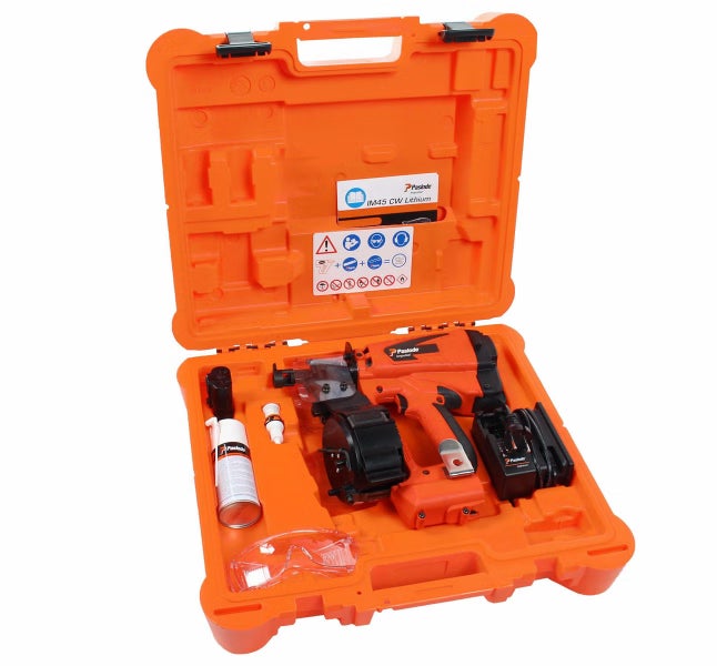 Paslode Akku-Druckluftnagler IM45 CW Lithium im Transportkoffer inklusive Ladegerät, Akku, Gasdose und Schutzbrille