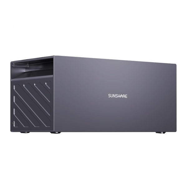 SUNSHARE Energiespeicher in Anthrazit, rechteckiges Metallgehäuse mit seitlicher Struktur für Solarsysteme.