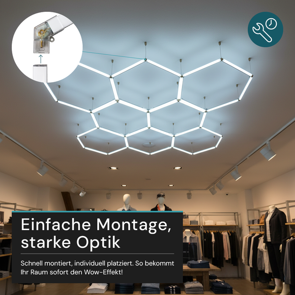 Raumbeleuchtung mit wabenförmigen LED-Leuchten an der Decke eines Bekleidungsgeschäfts, Detailaufnahme der Montage und Symbol für einfache Installation.