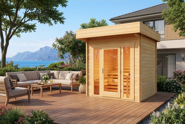 Moderne Gartensauna aus Holz mit Flachdach und Glaselementen auf einer großzügigen Holzterrasse neben einem Loungebereich mit Sofa und Couchtisch.
