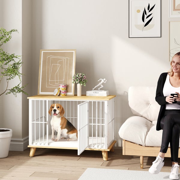 PawHut Hundekäfig für Zuhause, Abschließbar Hundehütte mit Kissen, Hundebox mit Tür, Hundehaus für mittelgroße Hunde unter 15 kg, Eiche, 86 x 60 x 70 cm