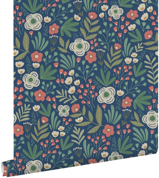 ESTAhome Tapete Blumen Dunkelblau, Grün und Terrakotta - 50 x 900 cm - 131071