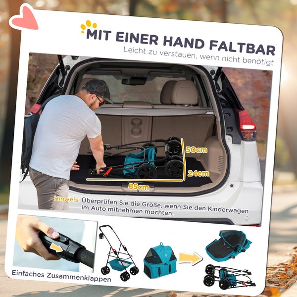 PawHut Hundewagen 3 in 1 Hundebuggy Faltbar Hundebox, klappbar Transporttasche mit Getränkehalter, Hunde Buggy, Katzenwagen mit 360° Räder Katzenbuggy für Mini Hunde unter 4 kg, Türkis