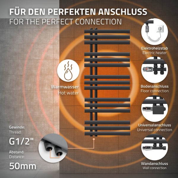 ECD Germany Iron EM Design Badheizkörper Elektrisch mit Heizstab 1200 W - 500 x 1200 mm - Anthrazit - Designheizkörper Paneelheizkörper Heizkörper Handtuchwärmer Handtuchtrockner
