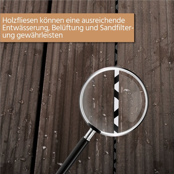 Detailaufnahme von Holzfliesen mit Wasserspuren und einer Lupe, die die Entwässerung und Belüftung hervorhebt.