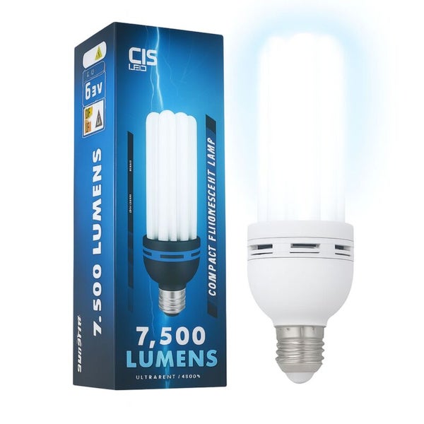 Kompaktleuchtstofflampe CIS LED mit 7500 Lumen, E27 Sockel und Verpackung.