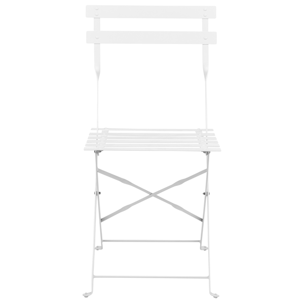 Klappbarer Bistrostuhl aus Metall in Weiß mit Sitzfläche und Rückenlehne in Lattenoptik für den Außenbereich.