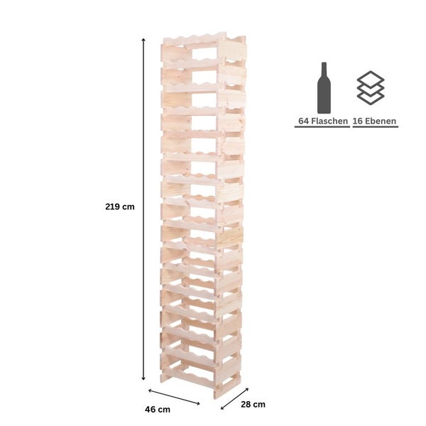 Weinregal VINOTECA FLEX PRO HxBxT 219x46x28cm 64 Flaschen auf 16 Ebenen Massives Kiefernholz Natur unbehandelt