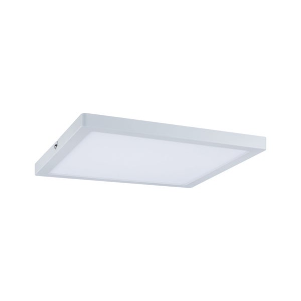 Quadratisches LED-Panel für die Deckenmontage mit weißem Rahmen und flacher Bauweise.