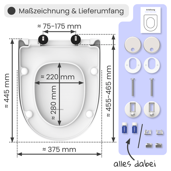 Maßzeichnung und Lieferumfang eines Toilettendeckels mit zugehörigen Maßen und Montageteilen