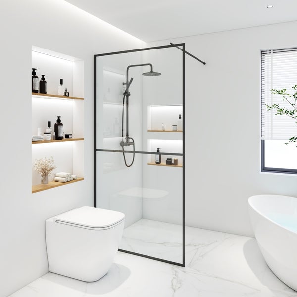 Home Deluxe - Duschabtrennung - BAKI - Breite: 150 cm, Schwarzer Rahmen, Klarglas, 2 Raster Optik - 10 mm ESG - Sicherheitsglas I Walk in Dusche, Duschwand, Duschtür