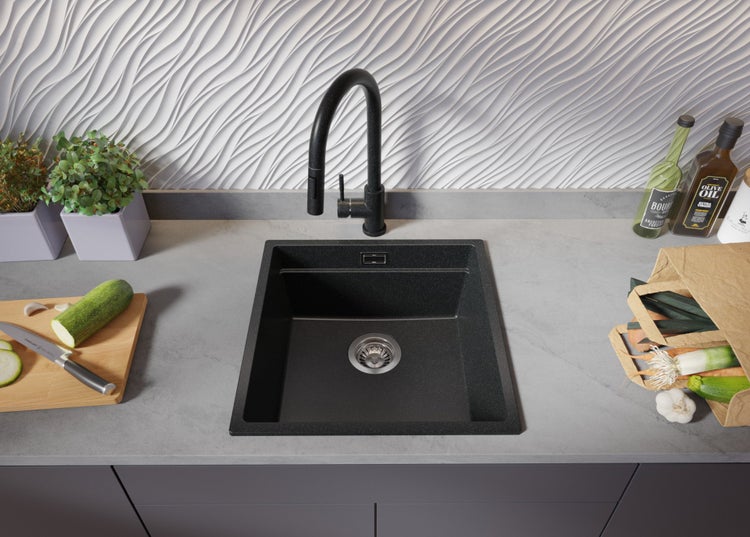 PRIMAGRAN Spülbecken Anthrazit 46x47cm, Granitspüle 1 Becken + Ablauf-Set + Aufrollbare Abtropffläche, Küchenspüle ab 50er Unterschrank - Praga Slim