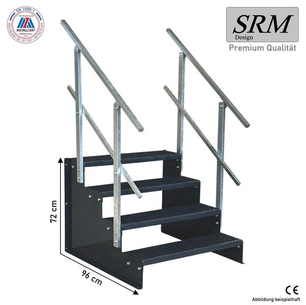 Stahltreppe mit vier Stufen aus Gitterrost und beidseitigem Geländer. Höhe 72 Zentimeter, Breite 96 Zentimeter. SRM Design Logo.