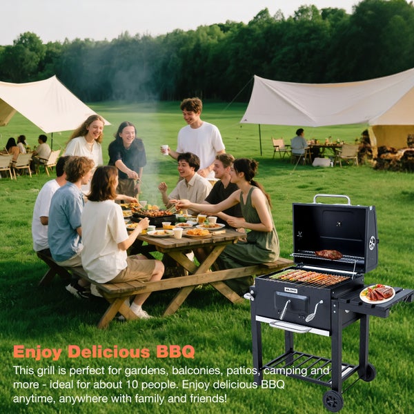 BELONID Holzkohlegrill mit Deckel, Grillfläche: 56×42.5 cm, Höhenverstellbare Kohlenwanne, Faltbarer Seitentisch, Mit Grillabdeckungen Wasserfest