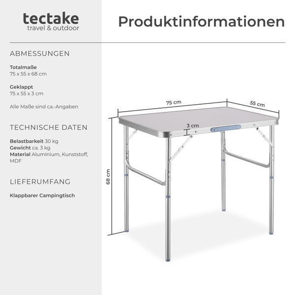 Campingtisch tectake Lothar 75 x 55 x 68 cm klappbar grau