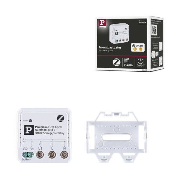 Paulmann Zigbee Unterputzaktor für Smart Home zur Schaltung von Leuchten mit Montagehalterung und Produktverpackung