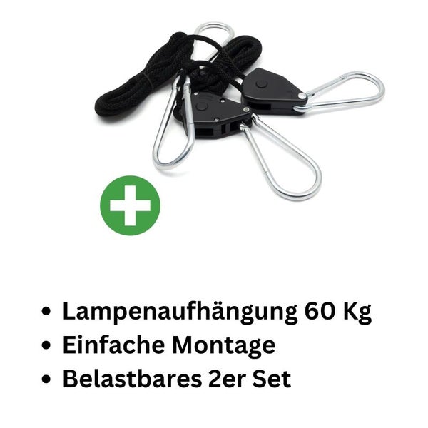 Grow Lampenaufhängung 2er Set – Seilratsche stufenlos verstellbar, bis 60 kg Traglast, ideal für Pflanzenlampen & Reflektoren