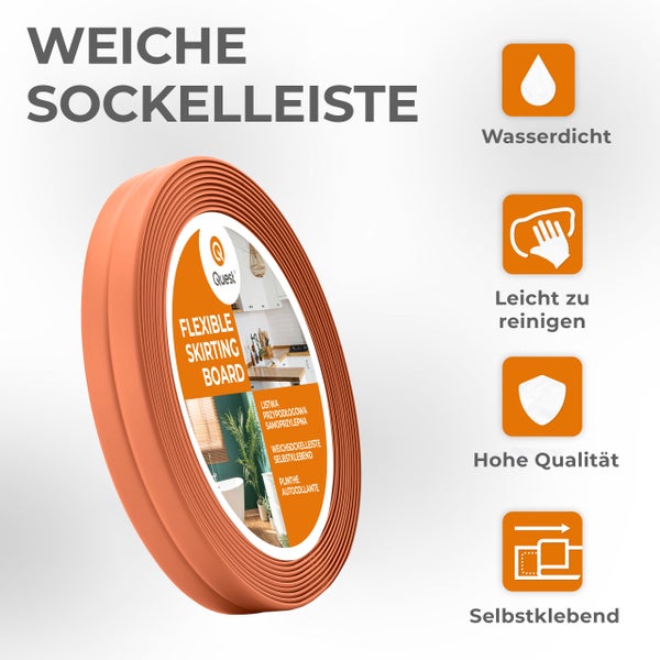 Eine aufgerollte flexible Sockelleiste von Quest, wasserdicht, pflegeleicht, selbstklebend und von hoher Qualität.