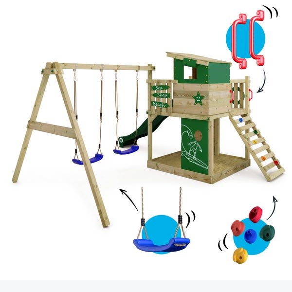 WICKEY Spielturm Klettergerüst Smart Camp mit Schaukel und Rutsche, Baumhaus mit Sandkasten, Kletterleiter und Spiel-Zubehör - grün