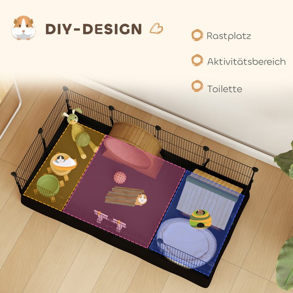 Kleintiergehege zum Selbstgestalten mit drei Bereichen für Rastplatz, Aktivitätsbereich und Toilette inklusive Häuschen, Bett und Spielzeug.