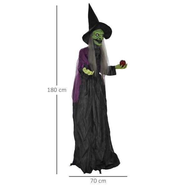 HOMCOM 180cm Halloween Dekoration Halloween-Hexe mit Giftapfel LED-Lichter, Soundfunktion, Haustür Deko mit verstellbare Arme, Garten Dekofigur in Lebensgröße für Party