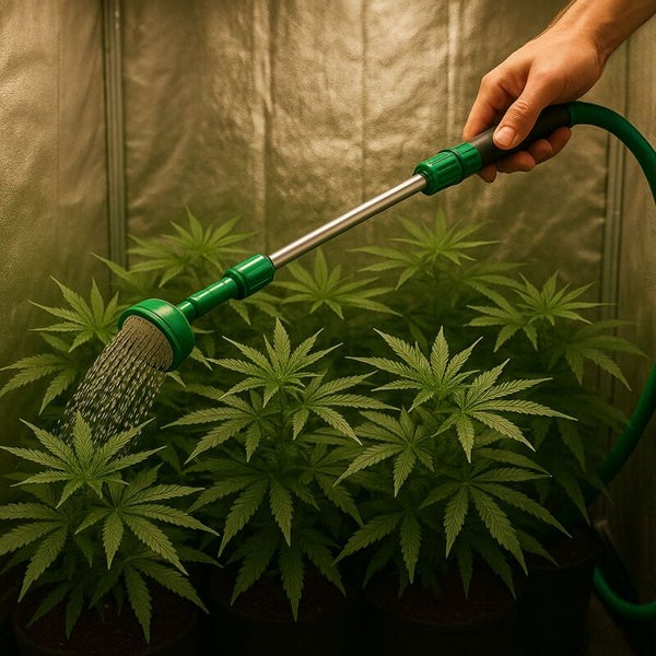 Eine Person gießt grüne Pflanzen in einer Growbox mit einem Gießstab aus Metall und Kunststoff, der an einen Gartenschlauch angeschlossen ist.