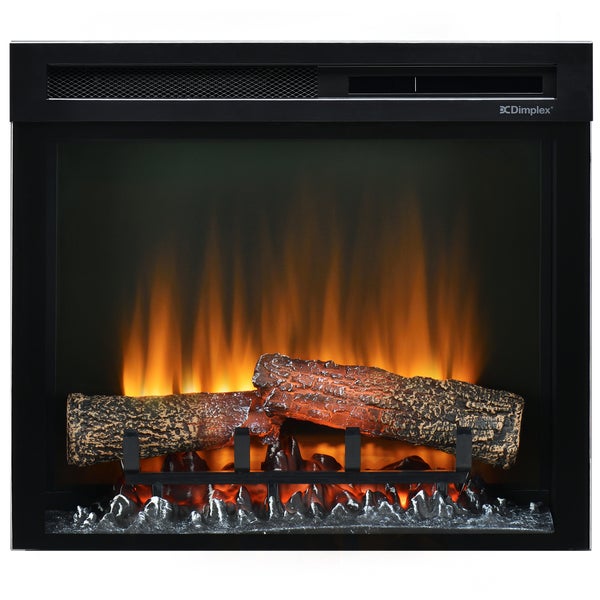 Elektrischer Kamineinsatz mit schwarzem Rahmen, realistischem Flammen-Effekt, Holzscheit-Dekoration, Glutbett und Dimplex Logo.