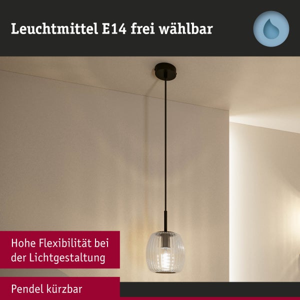 Pendelleuchte mit geriffeltem Glasschirm, schwarzer Aufhängung und E14 Fassung. Pendel individuell kürzbar, feuchtraumgeeignet.