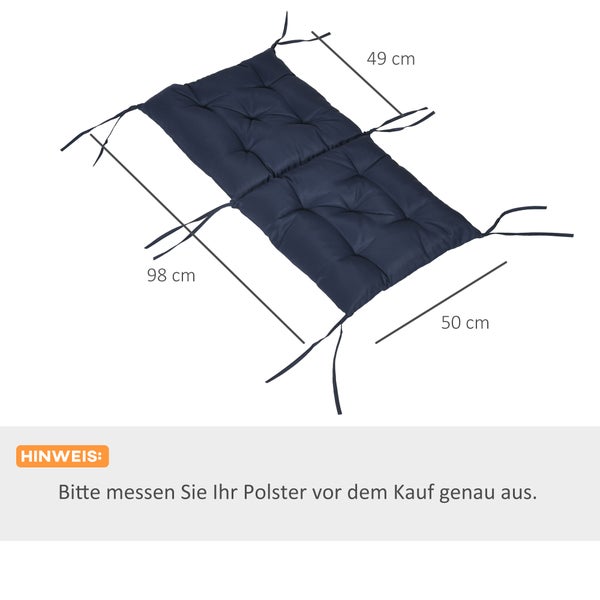 Gesteppte Gartenstuhlauflage in Dunkelblau mit Bindebändern und Maßangaben von 98, 49 und 50 Zentimetern sowie Hinweis zum Ausmessen.