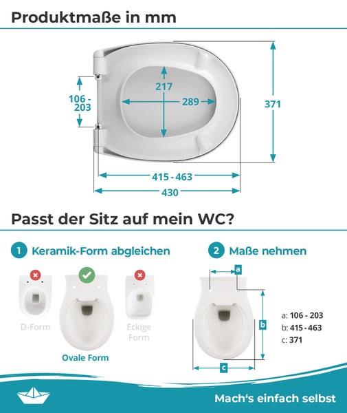 Technische Zeichnung mit Maßangaben für einen ovalen WC Sitz zur Prüfung der Passform auf der Toilette.