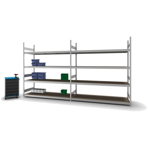 PROREGAL Weitspannregal Stecksystem T-Profil Grundregal HxBxT 250x225x80 cm 4 Ebenen Spanplatten Fachboden Fachlast 350 kg Verzinkt