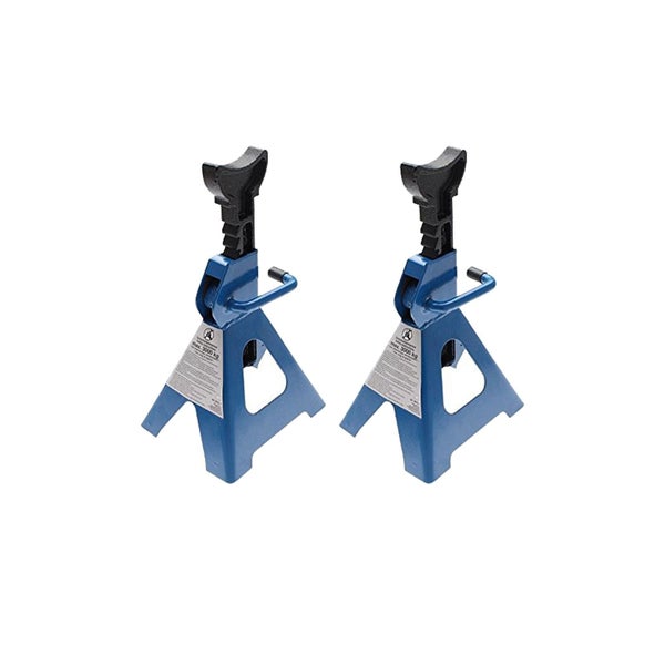 Zwei Unterstellböcke aus Metall in Blau und Schwarz mit einer Tragkraft von maximal 3000 Kilogramm.