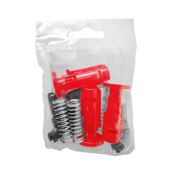 Ersatzteilset in transparenter Verpackung mit roten und silberfarbenen Elementen