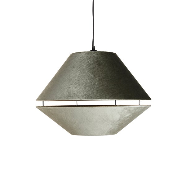 Moderne Pendelleuchte mit Schirm in Samt-Optik, zwei entgegengesetzte Kegelformen mit horizontalem Lichtspalt.