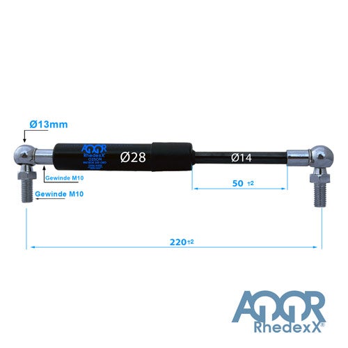 Gasdruckfeder mit Kugelgelenken und Gewinde M10, Durchmesser 28 Millimeter, Gesamtlänge 220 Millimeter von Rhedexx.