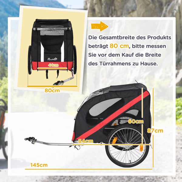 PawHut Fahrradanhänger, 145L x 80B x 87H cm, Metall, Oxford-Gewebe, Schwarz+Rot