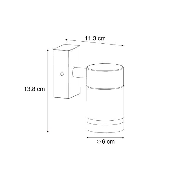Maßzeichnung einer zylindrischen Wandleuchte mit den Maßen Höhe 13,8 Zentimeter, Breite 11,3 Zentimeter und Durchmesser 6 Zentimeter.